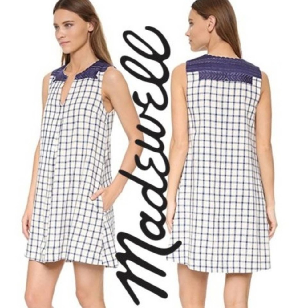 Madewell Embroidered‎ Sunray Dress windowpane plaid checkered Pockets size XXS